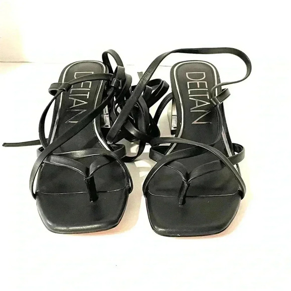 Deltan Size 6M Fawn Ankle Wrap Strappy Block Heel Thong Dress Sandals Black NEW - Picture 3 of 12